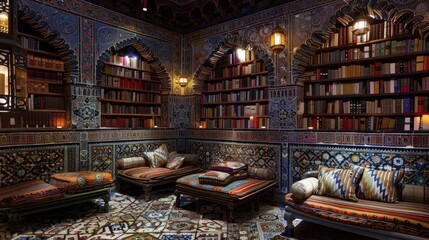 Naklejka premium A home library with a Moroccan style, featuring intricate patterns, colorful tiles, and low seating.