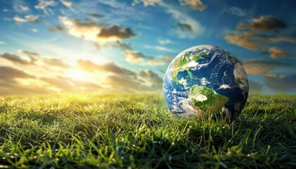 Earth Globe Resting in a Field of Green Grass Under a Sunny Sky