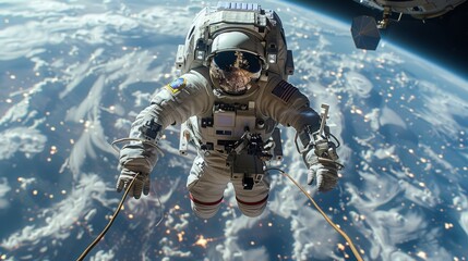 Astronaut Conducts Extravehicular Activity Above Earth in Low Orbit During Daylight. Generative AI