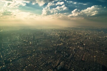 Fototapeta premium city skyline at sunset, with vibrant colors illuminating the buildings and the tranquil waters of Lake , A city skyline seen from above, capturing the vast sprawl of urban development, AI generated