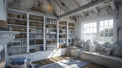 Obraz premium A home library with a rustic, New England coastal cottage design, featuring whitewashed wood, nautical decor, and cozy seating.