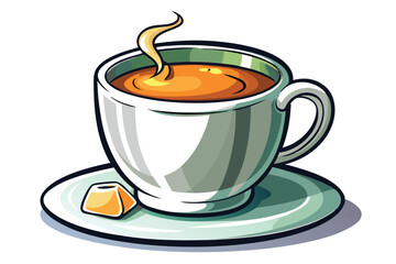 Obraz premium A steaming cup of coffee with a sugar cube on a saucer