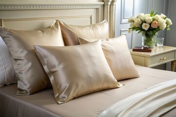 Elegant beige pillow nestled in a luxurious satin pillowcase lies on a soft, matching sheet, exuding serenity and sophistication in a tranquil bedroom setting.