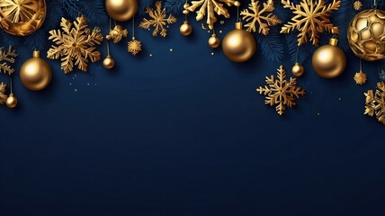 Luxury Christmas blue banner, with Golden Christmas decoration balls