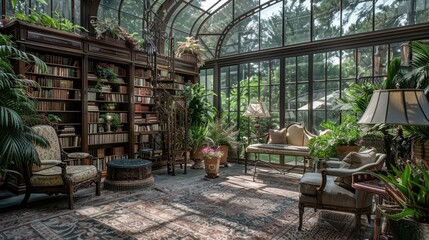 A home library with a serene, botanical conservatory design, featuring glass walls, tropical plants, and wrought-iron furniture.
