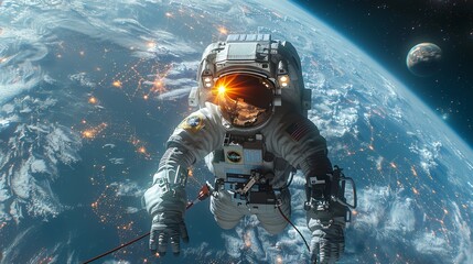 Naklejka premium Astronaut Floating in Space While Observing Earth and the Moon in the Distance Under Starry Skies. Generative AI