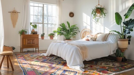 Fototapeta premium A bright and airy bedroom with white walls, a colorful rug, and potted plants 