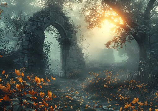 Ancient Stone Archway Nestled in a Forest