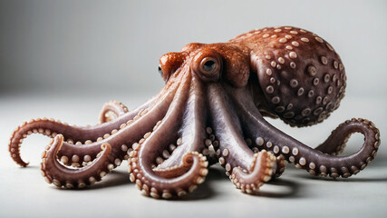 Portrait of an octopus against a white background, showcasing its unique textures, tentacles, and intricate details.