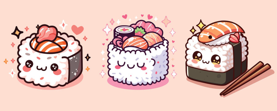 Naklejki Adorable sushi set, cute japanese food art characters design illustration