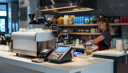 Naklejka premium Barista Filling a Glass With Freshly Brewed Coffee at a Modern Cafe Counter