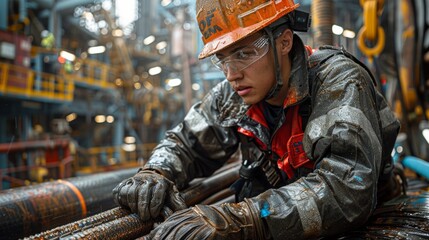 Young Worker in Protective Gear Engaged in Maintenance Tasks on Offshore Oil Rig During Overcast Weather. Generative AI