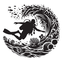 Scuba diving people silhouettes vector illustrations isolated on white background.