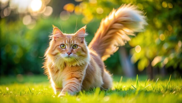 Adorable long-haired orange feline showcases its vibrant fur and playful personality while stretching and pouncing on lush green grass in a sunny outdoor setting.