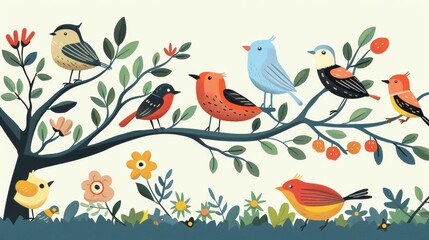 Fototapeta premium A whimsical illustration of colorful birds perched on a tree branch surrounded by vibrant flowers and leaves, ideal for nature lovers.