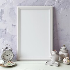 White, empty picture frame mockup on a light lavender wall with a subtle texture, featuring a decorative clock and a set of decorative jars on a nearby table.
