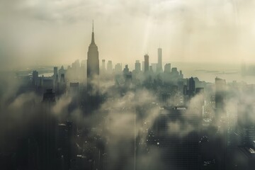 A city skyline enveloped in mist and fog, creating a sense of mystery, AI generated