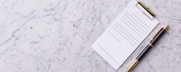 A well-designed deposit slip, partially filled out, placed next to a sleek, modern pen on a marble countertop