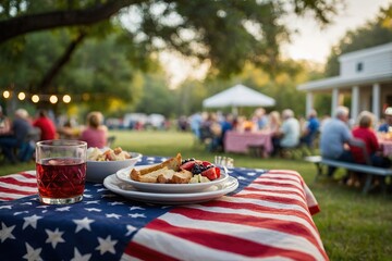 A relaxed Labor Day picnic setting with an American flag tablecloth, people enjoying food and company