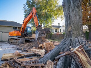 Excavator removing a tree in a residential area, showcasing construction and landscaping equipment in action.