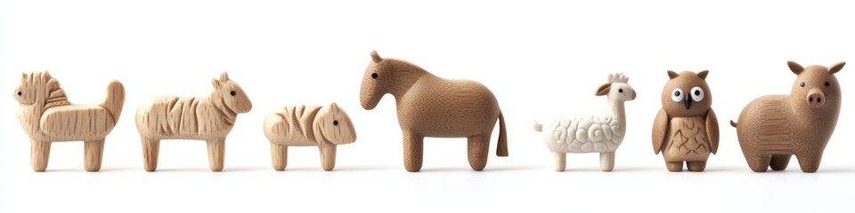 Charming Wooden Animal Toy Collection: Zebra, Elephant, Horse, Owl, Pig, Sheep, Rabbit, and Hen Isolated on White Background. Creative Marketing Concept for Children's Toys, Eco-Friendly Products, and