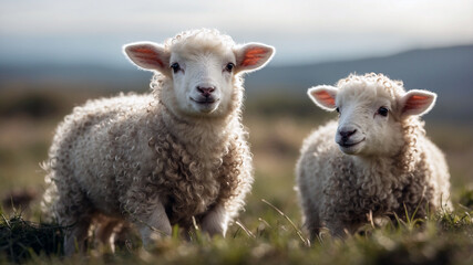 Obraz premium Portrait of a sheep grazing on a farm, set against a rustic rural background. The image highlights the sheep's fluffy wool, serene expression, and natural setting, capturing the essence of farm life