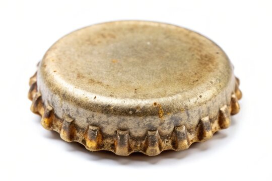 Isolated macro shot of a single drinking bottle cap with a rustic texture and subtle worn edges against a pure white studio background.
