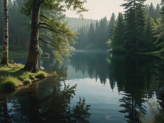 Obraz premium Terrence Forest with Calm Lake