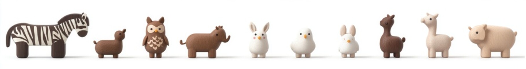 Obraz premium Charming Wooden Animal Toy Collection: Zebra, Elephant, Horse, Owl, Pig, Sheep, Rabbit, and Hen Isolated on White Background. Creative Marketing Concept for Children's Toys, Eco-Friendly Products, and