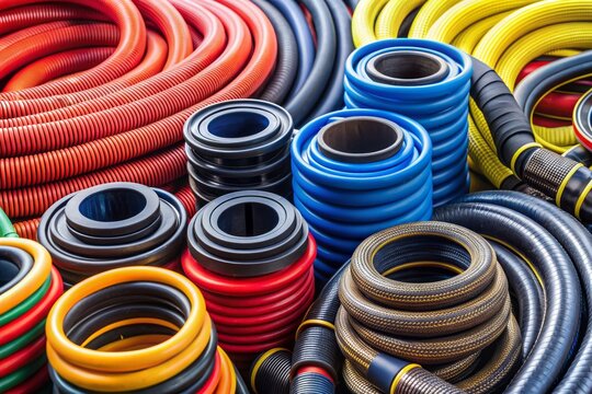 Assorted rubber hoses in various sizes, used in agriculture, electricity, water, air, and oil industries, showcasing flexibility and electrical insulation properties.