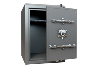 steel safe with open door isolated on transparent background.