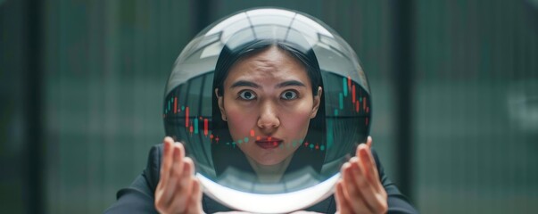 Woman trapped inside a crystal ball with falling stock prices, illustrating market unpredictability