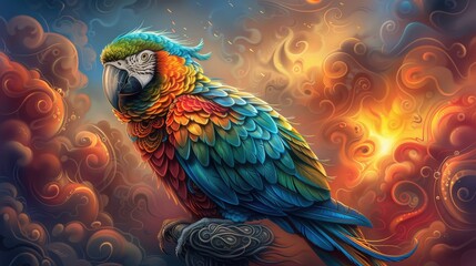 Fototapeta premium A magnificent parrot adorned with intricate, shimmering designs, set against a lively background of fiery clouds and dynamic smoke