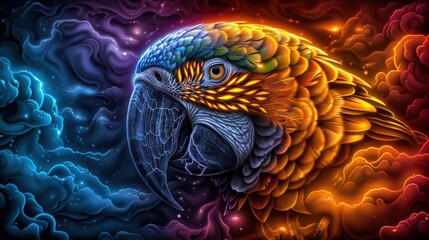A stunning parrot with elaborate glowing patterns, framed by a backdrop of vibrant, fiery clouds and colored smoke