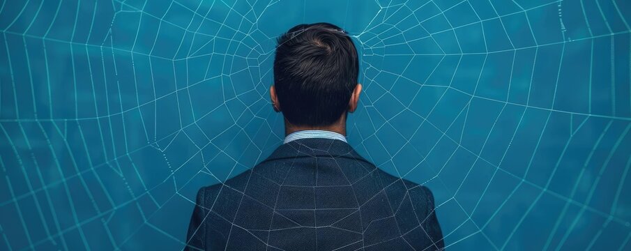 Man caught in a spider web of Ponzi schemes, depicting financial scams