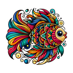 Fototapeta premium Vibrant Ornamental Fish Illustration with Intricate Patterns and Floral Elements in Bold Colors