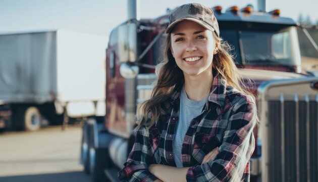 Young Female Truck Driver Standing In Front Of Semi Truck