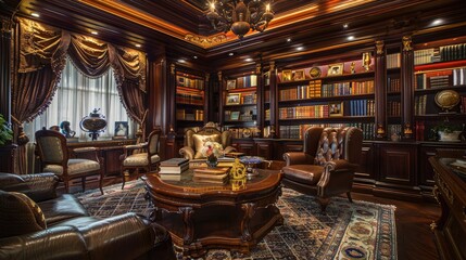 A home library with a sophisticated, Victorian parlor design, featuring dark wood furniture, rich fabrics, and elegant decor.