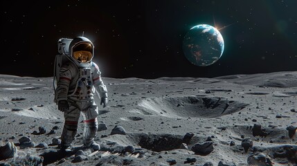 Astronaut Exploring Lunar Surface With Earth Visible in Background During Bright Lunar Day. Generative AI