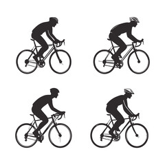 Obraz premium Set of 4 cyclist silhouettes on road bikes in different positions.