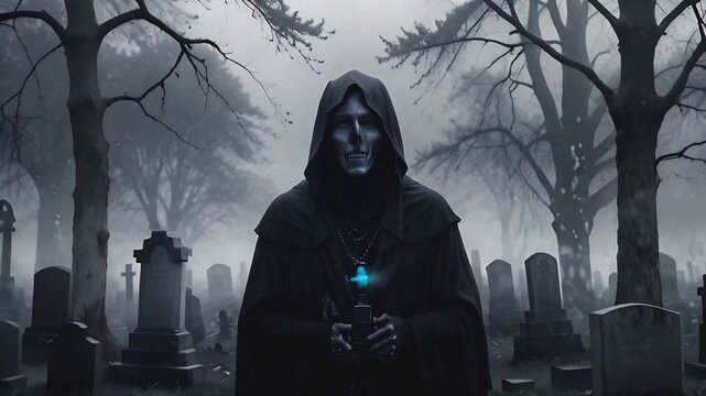 Lich in a Cemetery, A cloaked figure stands quietly in a foggy graveyard surrounded by tombstones as the evening light fades.