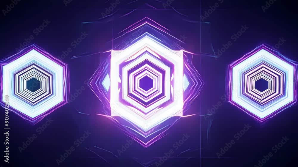 Poster dynamic geometric forms pulse with vibrant neon colors, creating a mesmerizing light display that ca