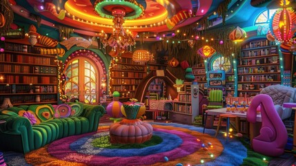 A home library with a vibrant, carnival theme, featuring colorful decor, playful furniture, and whimsical lighting.