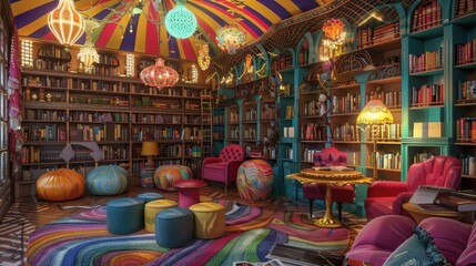 Naklejka premium A home library with a vibrant, carnival theme, featuring colorful decor, playful furniture, and whimsical lighting.