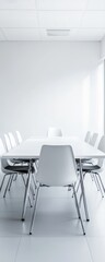 Minimalistic photo of a clean white conference room with a single chair at the head of the table, representing the leadership position