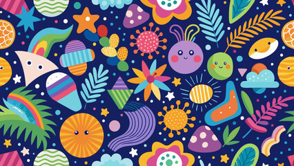 Seamless pattern design with cute cartoon flowers, birds, and fish in bright spring colors