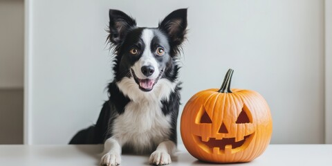 Minimalistic photo of a dog beside a carved pumpkin on a clean white surface, representing the festive Halloween spirit with pets