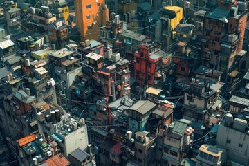 Obraz premium Urban skyline with numerous buildings in a cityscape, A chaos of buildings and structures in a densely packed cityscape, AI generated