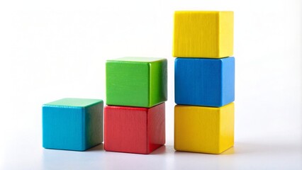 Four colorful building blocks stacked vertically on a white background with subtle shadows and soft focus effect.