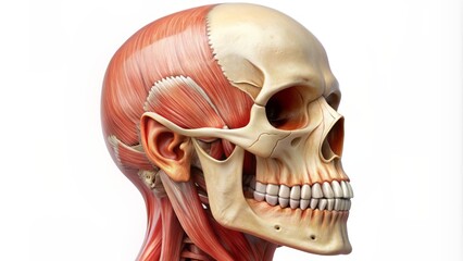 Close-up of human skull model showing masseter muscle anatomy jawbone temporomandibular joint TMJ detailed skeletal system illustration isolated